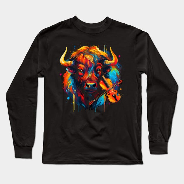 Bison Playing Violin Long Sleeve T-Shirt by JH Mart